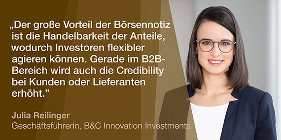 IPO Spotlight mit Julia Reilinger: Der große Vorteil der Börsennotiz ist die Handelbarkeit der Anteile, wodurch Investoren flexibler agieren können. Gerade im B2B-Bereich wird auch die Credibility bei Kunden oder Lieferanten erhöht.
